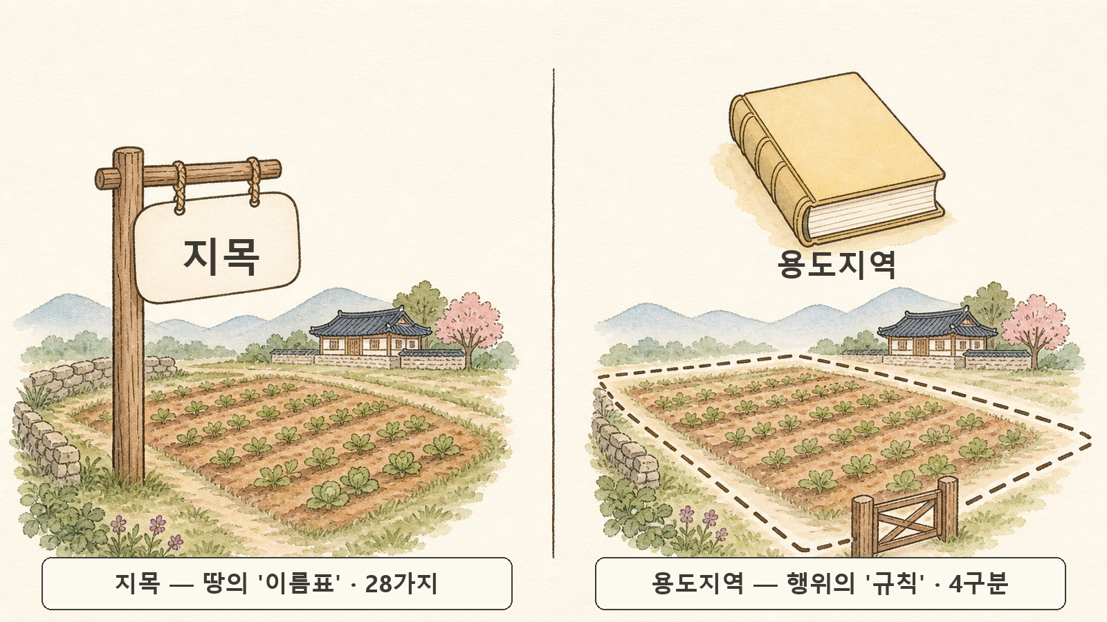같은 농지를 지목이라는 땅의 이름표와 용도지역이라는 행위의 규칙으로 나누어 설명한 그림
