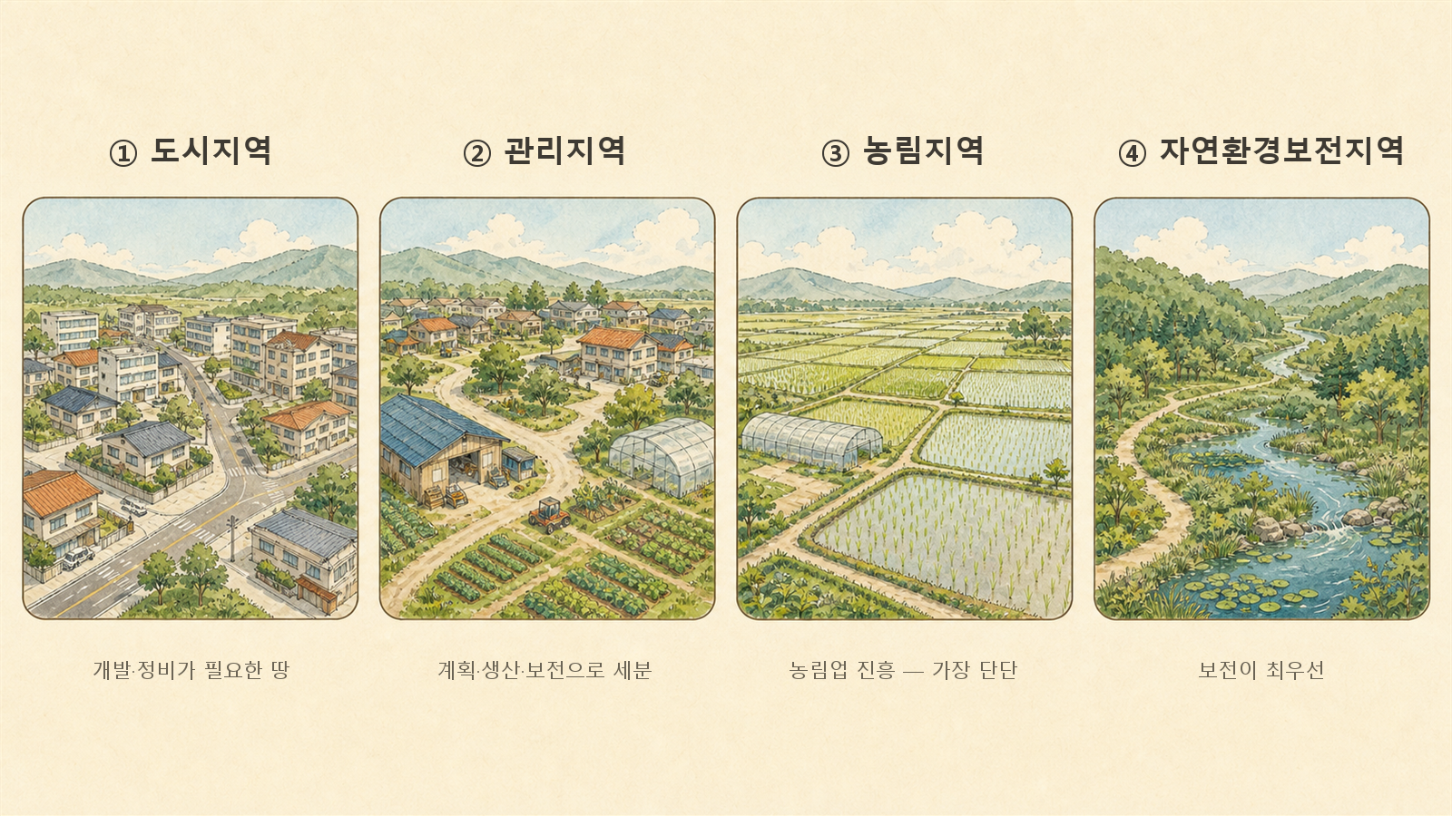 도시지역, 관리지역, 농림지역, 자연환경보전지역 네 용도지역을 네 칸으로 나누어 표현한 그림