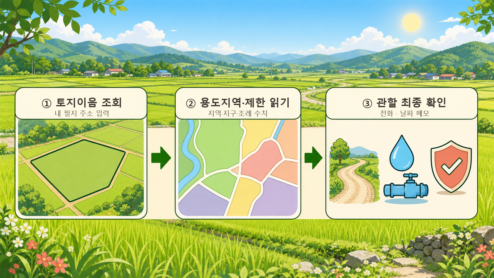 토지이음 조회, 용도지역과 행위제한 확인, 관할 확인의 세 단계를 그린 절차도